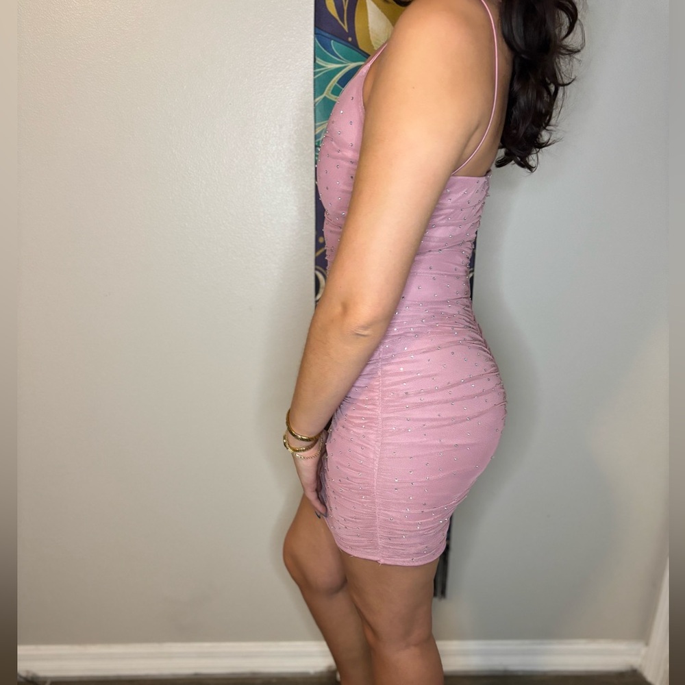 Pink Rhinestone Bodycon Mini Dress - Picture 2 of 6
